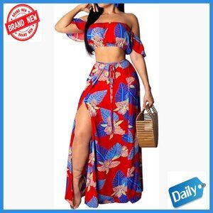 Two Piece Maxi Dress Set Sleeveless Top Split Skirt Beach Coverup